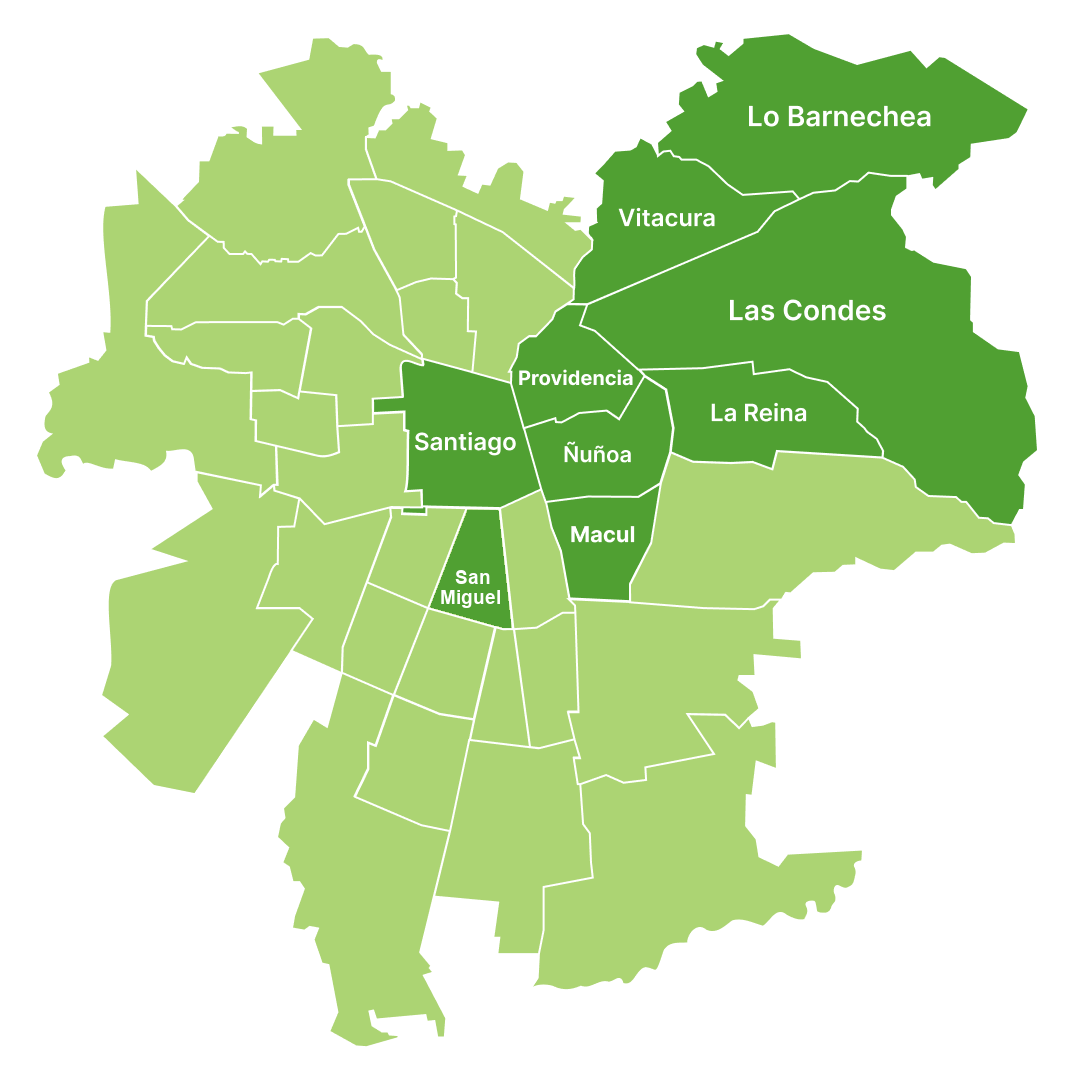 Mapa de cobertura de despacho de Santiago Natural: Santiago Centro, San Miguel, Providencia, Ñuñoa, Macul, La Reina, Las Condes, Vitacura y Lo Barnechea